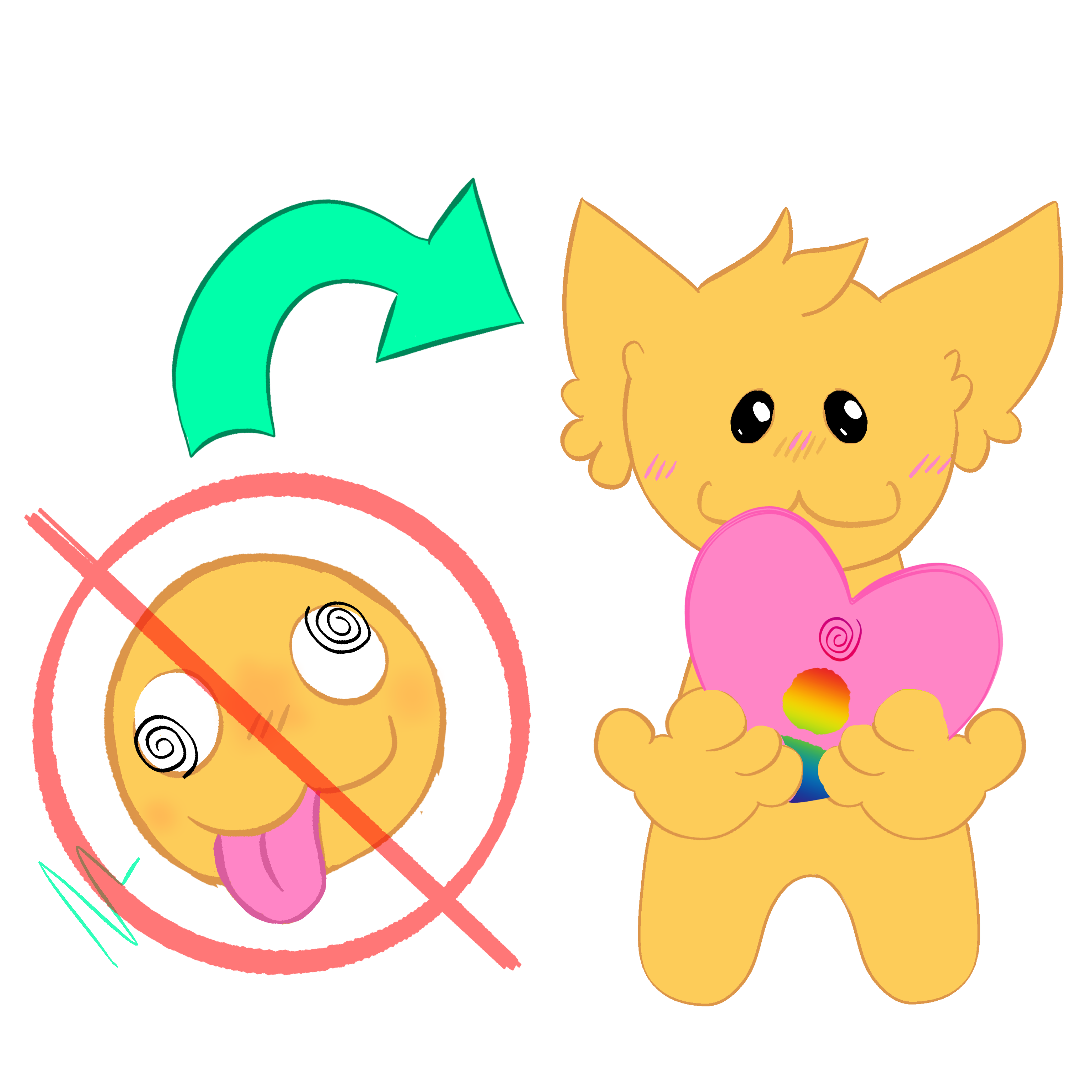 a dizzy-faced emoji with spiral eyes and its tongue sticking out, circled and crossed out with a red line, a green arrow pointing from the crossed-out emoji to a cute, yellow anthropomorphic creature with fluffy ears and a happy expression. The creature is holding a pink heart with the symbol of a rainbow person inside with a spiral above their head